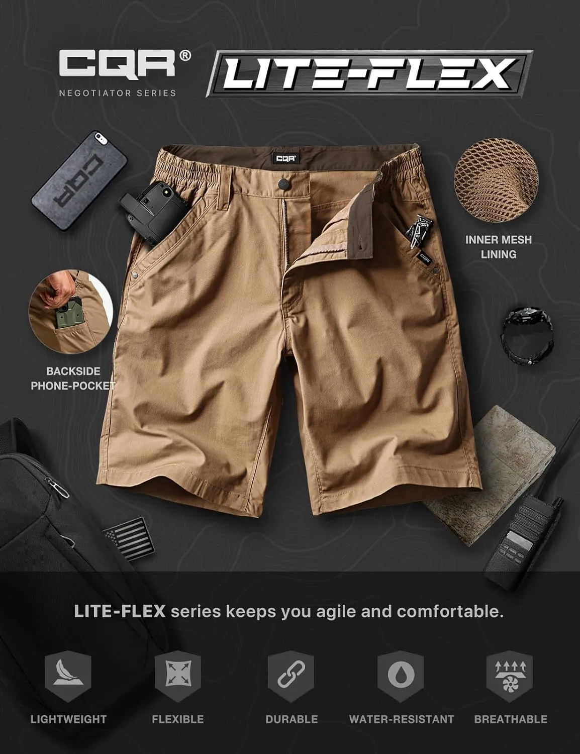 CQR Men's Flex Casual Cargo Shorts, Lightweight Water Resistant Golf Shorts, Stretch Tactical Work Shorts with Multi-Pocket