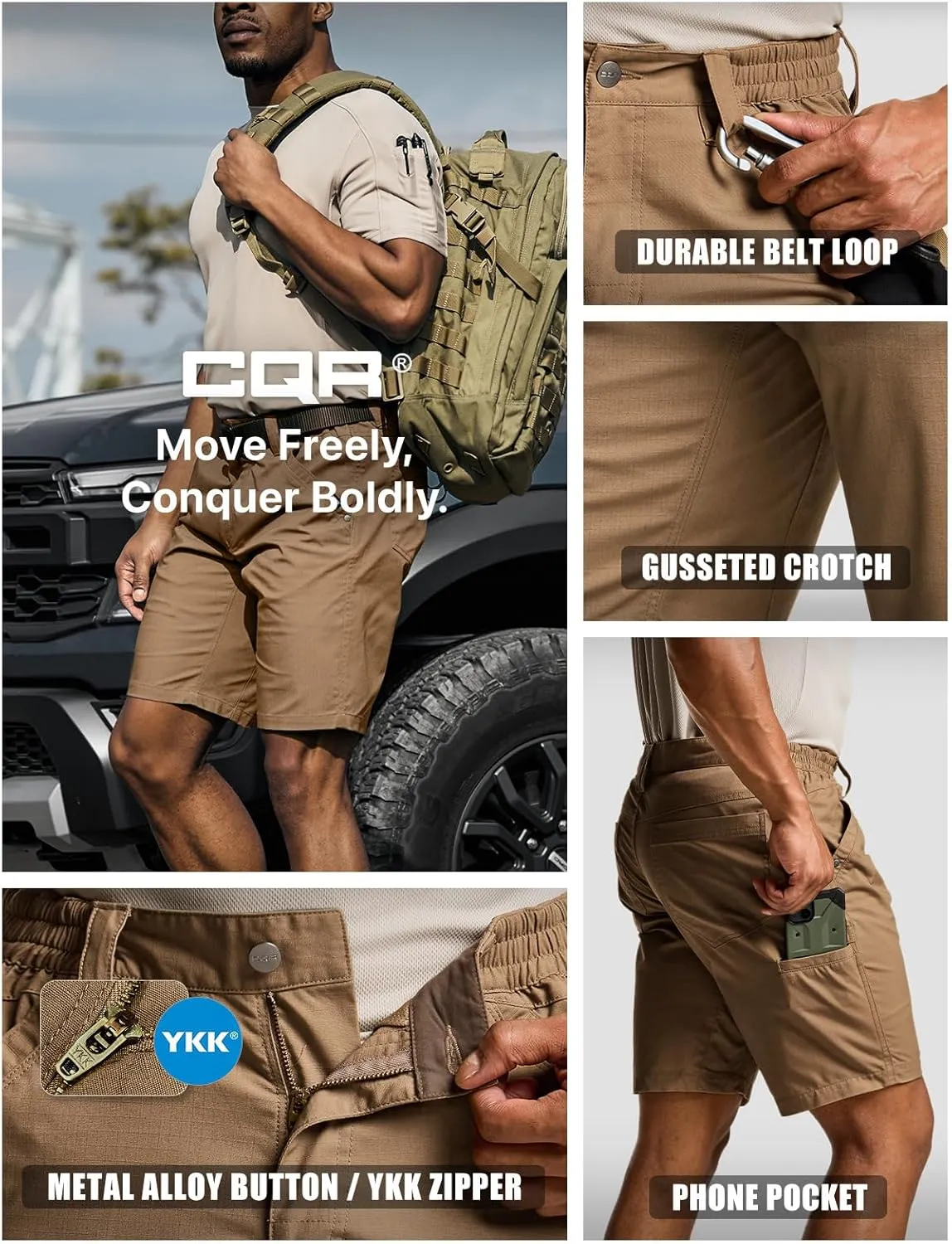 CQR Men's Flex Casual Cargo Shorts, Lightweight Water Resistant Golf Shorts, Stretch Tactical Work Shorts with Multi-Pocket