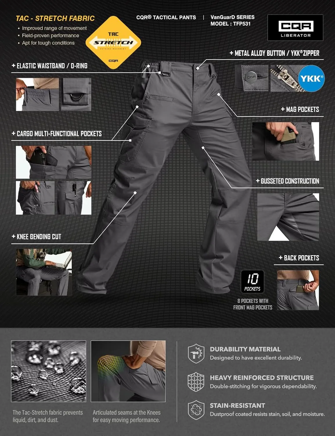 CQR Men's Flex Stretch Tactical Pants, Water Resistant Ripstop Cargo Pants, Lightweight EDC Outdoor Work Hiking Pants