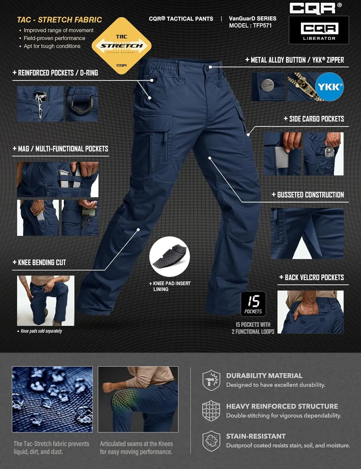 CQR Men's Flex Stretch Tactical Pants, Water Resistant Ripstop Cargo Pants, Lightweight EDC Outdoor Work Hiking Pants