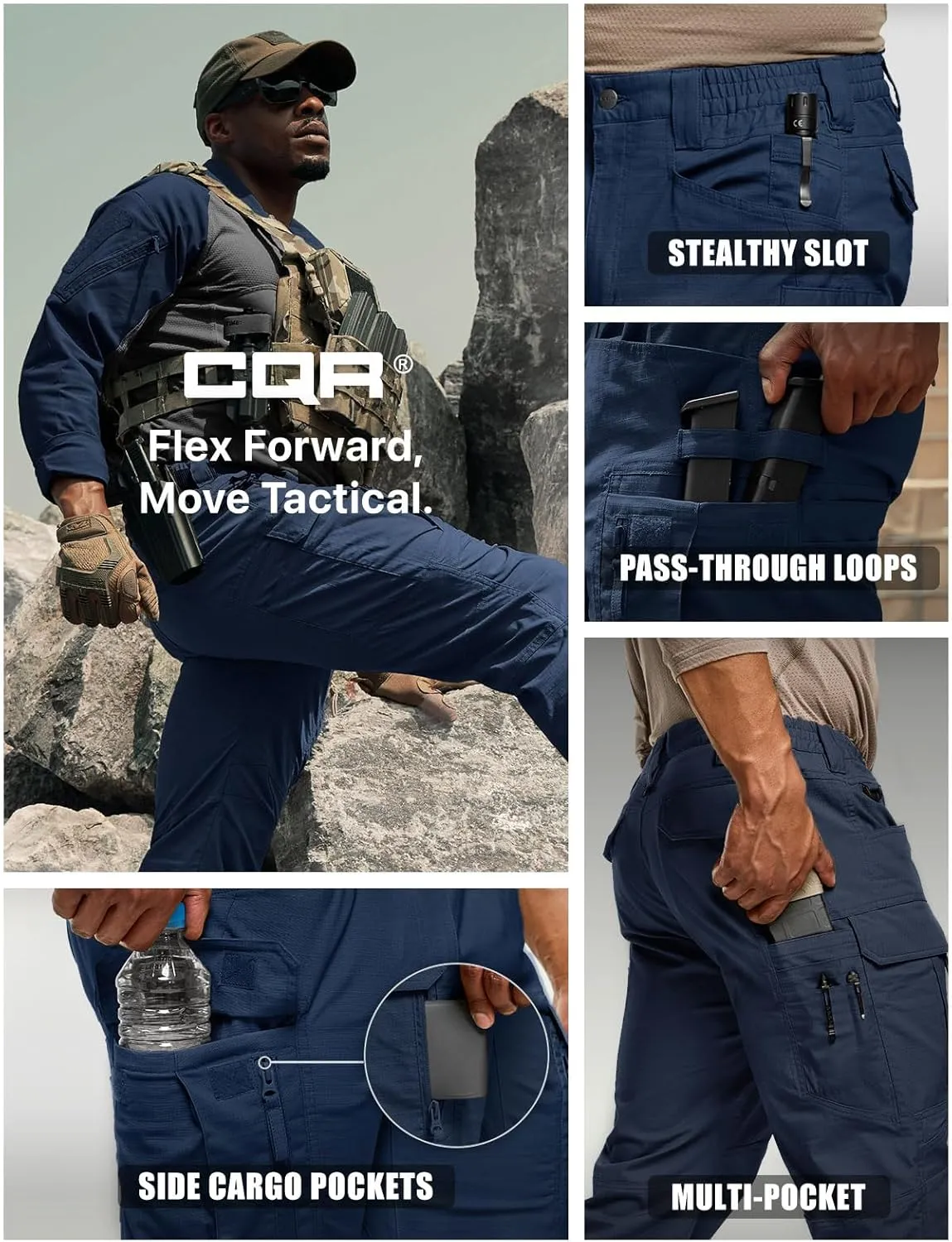 CQR Men's Flex Stretch Tactical Pants, Water Resistant Ripstop Cargo Pants, Lightweight EDC Outdoor Work Hiking Pants