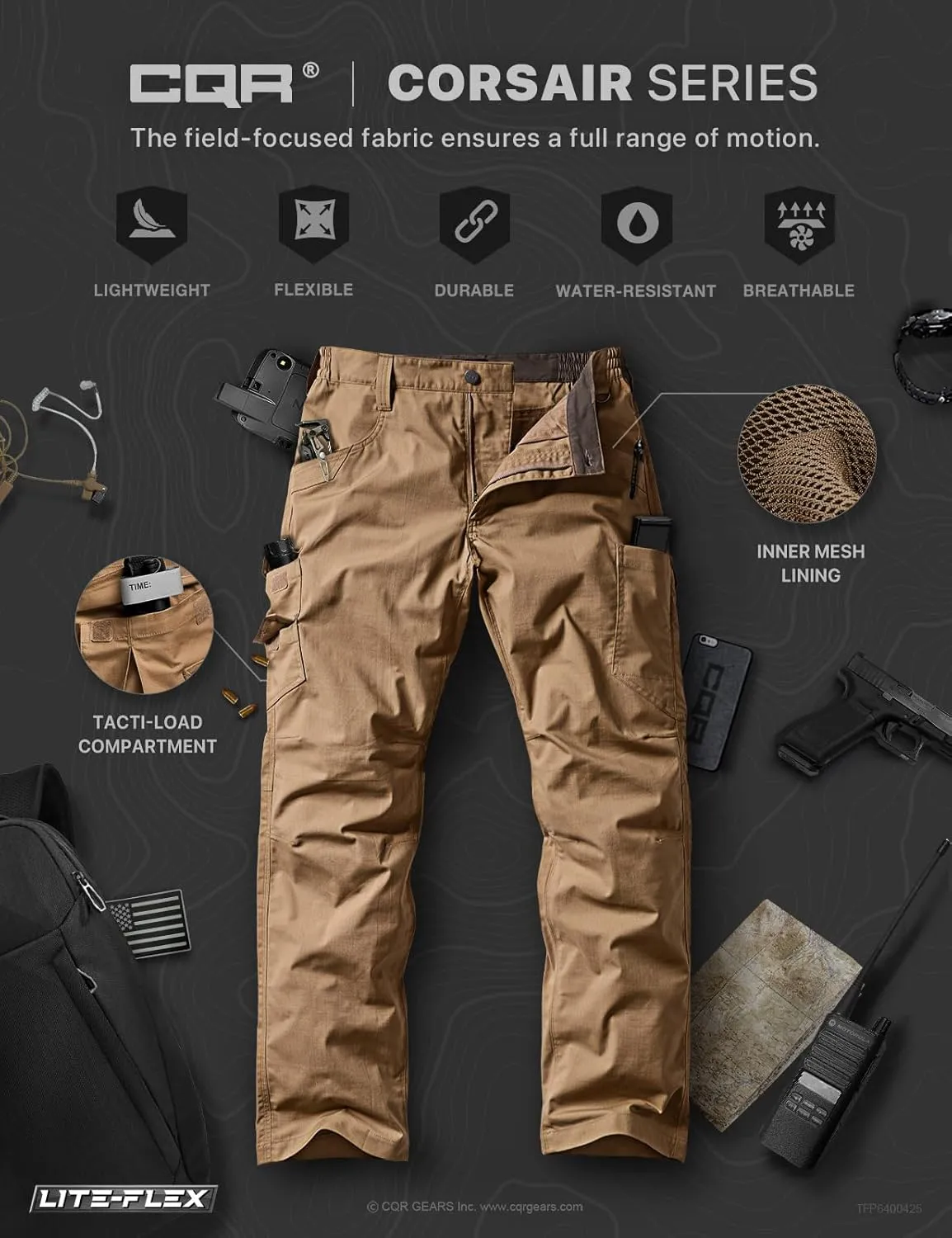 CQR Men's Utility Flex Cargo Pants, Classic-Fit Casual Stretch Work Pants, Water Resistant Lightweight Tactical Hiking Pants