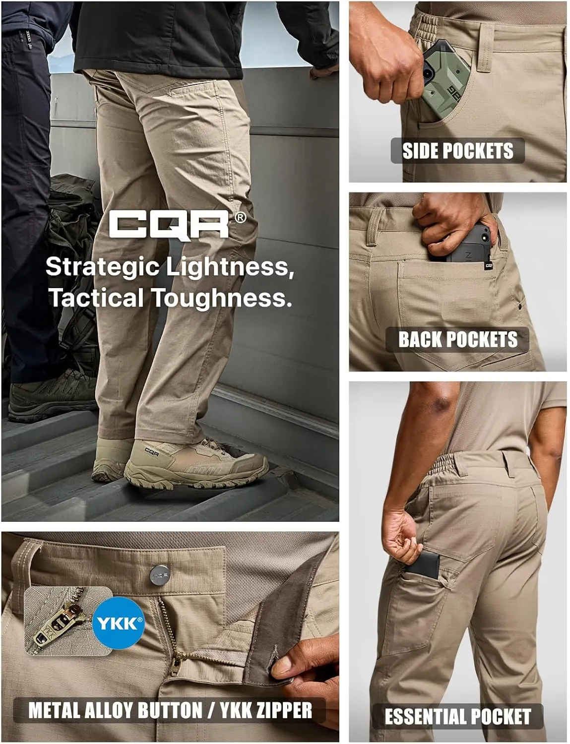 CQR Men's Utility Flex Cargo Pants, Classic-Fit Casual Stretch Work Pants, Water Resistant Lightweight Tactical Hiking Pants