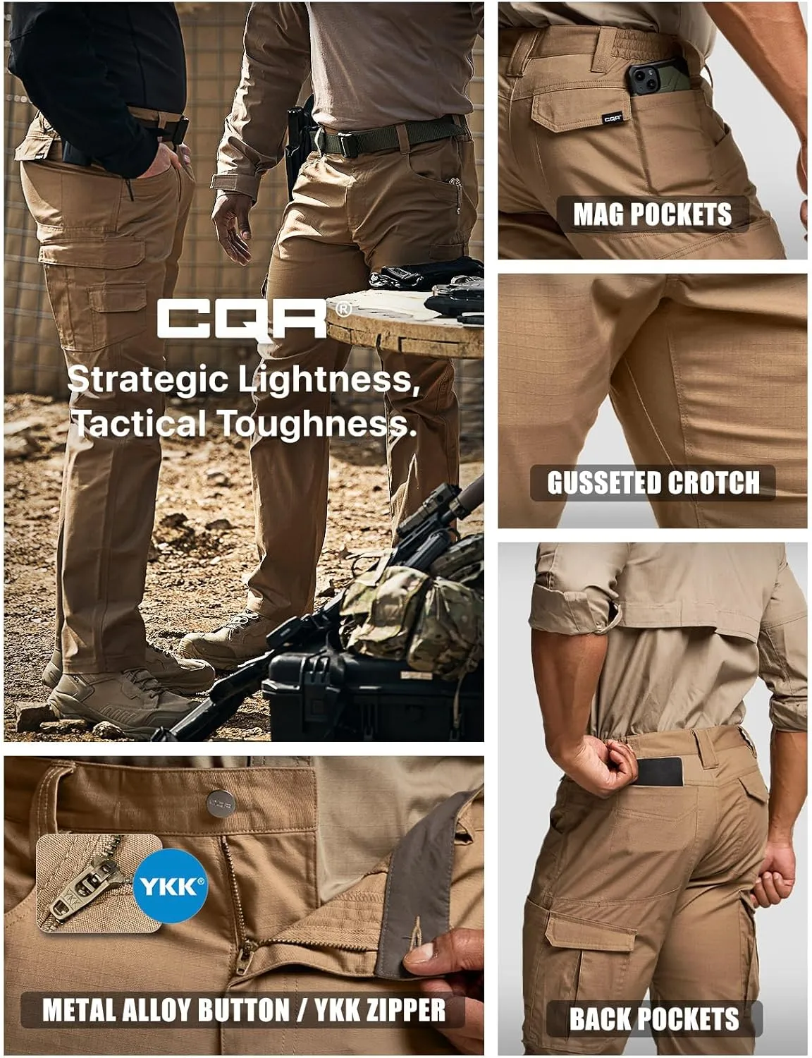 CQR Men's Utility Flex Cargo Pants, Classic-Fit Casual Stretch Work Pants, Water Resistant Lightweight Tactical Hiking Pants