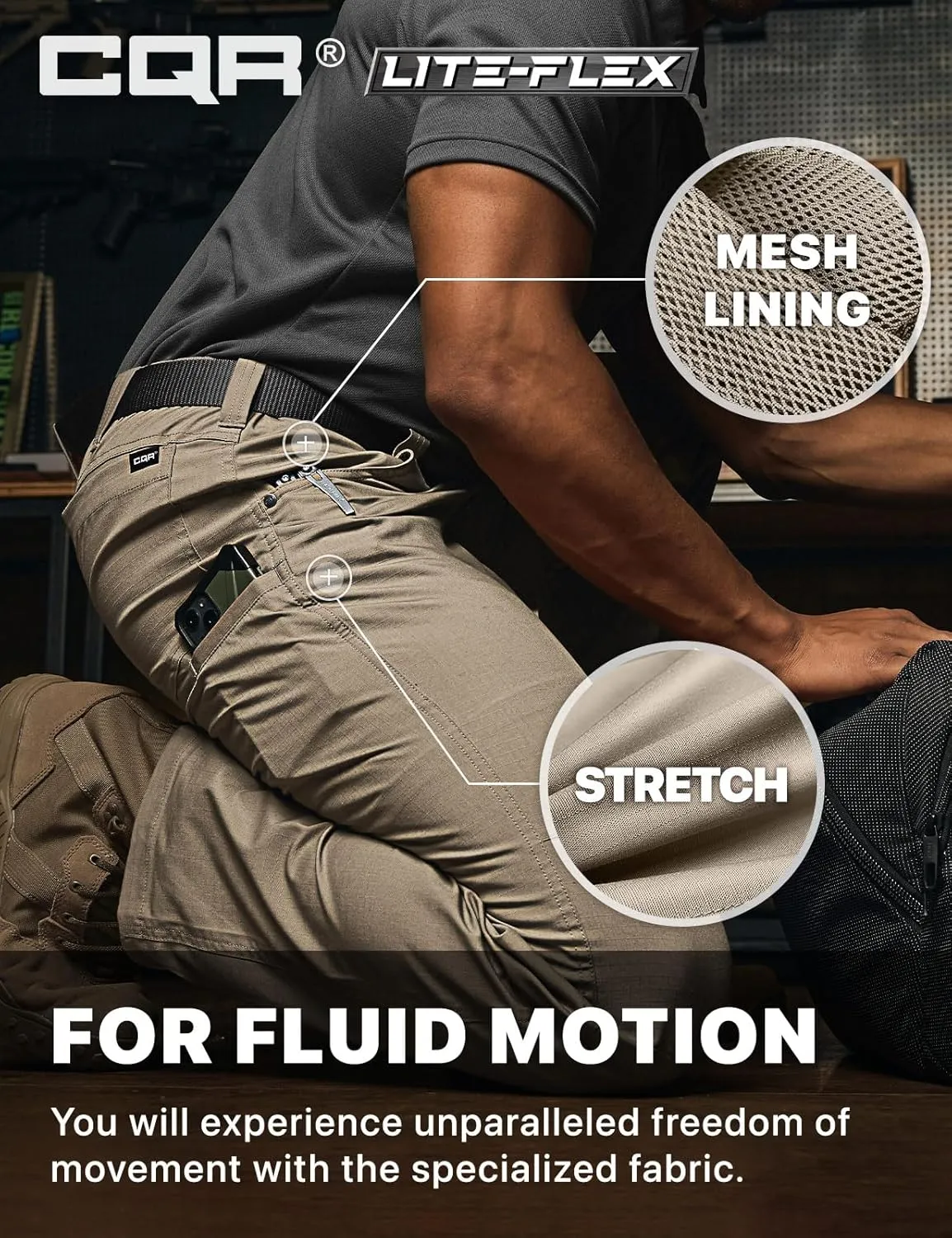CQR Men's Utility Flex Cargo Pants, Classic-Fit Casual Stretch Work Pants, Water Resistant Lightweight Tactical Hiking Pants