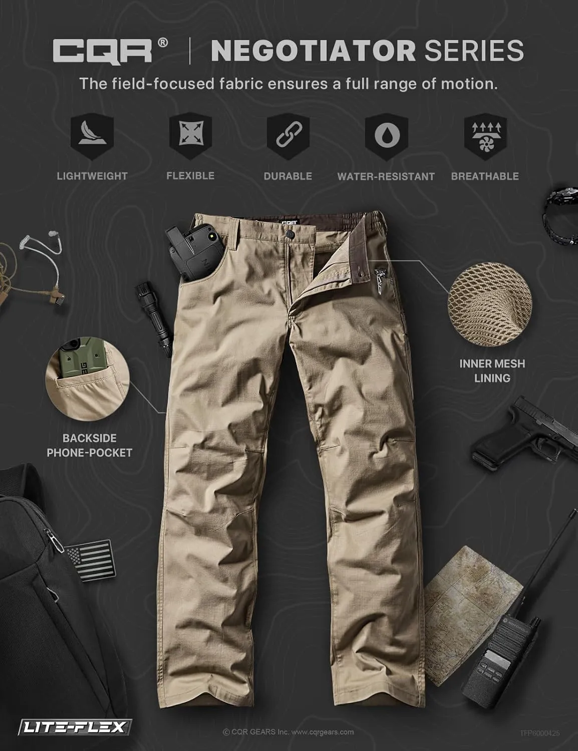 CQR Men's Utility Flex Cargo Pants, Classic-Fit Casual Stretch Work Pants, Water Resistant Lightweight Tactical Hiking Pants