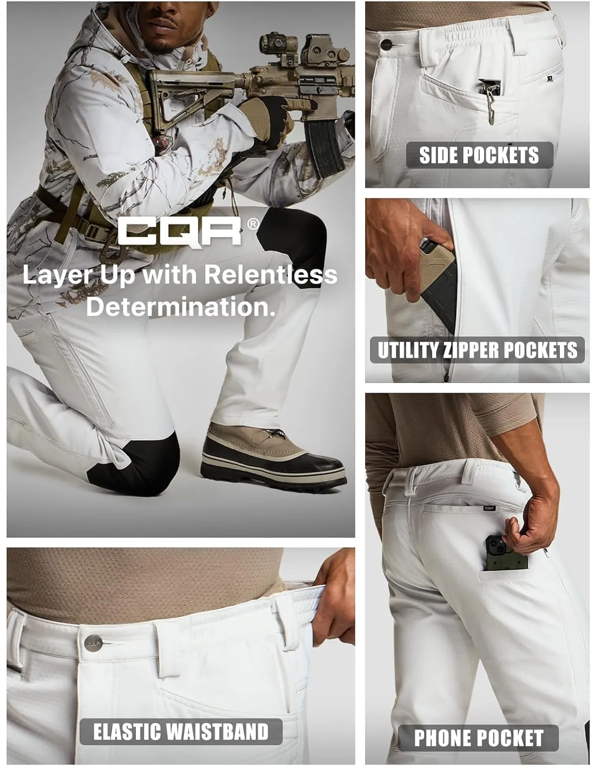 CQR Men's Winter Waterproof Softshell Fleece-Lined Snow Ski Pants, Thermal Outdoor Cargo Work Hiking Pants