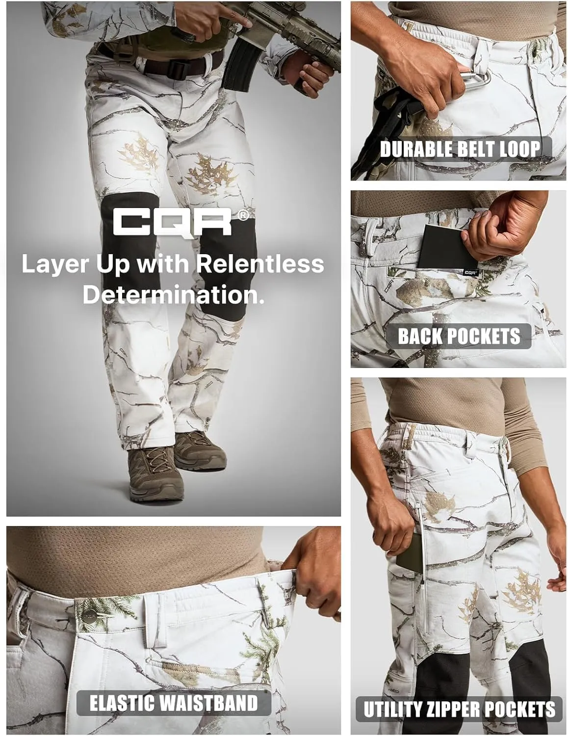 CQR Men's Winter Waterproof Softshell Fleece-Lined Snow Ski Pants, Thermal Outdoor Cargo Work Hiking Pants