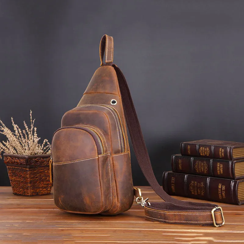 Crazy Horse Leather Chest Pack Handmade Chest Bag Casual Shoulder Travel Bag