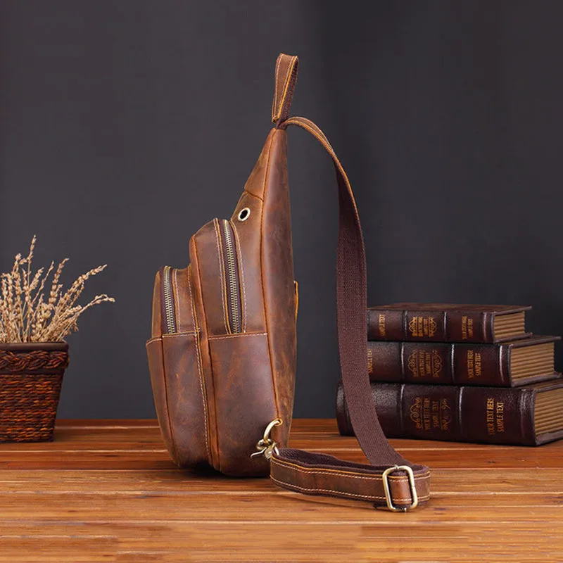 Crazy Horse Leather Chest Pack Handmade Chest Bag Casual Shoulder Travel Bag