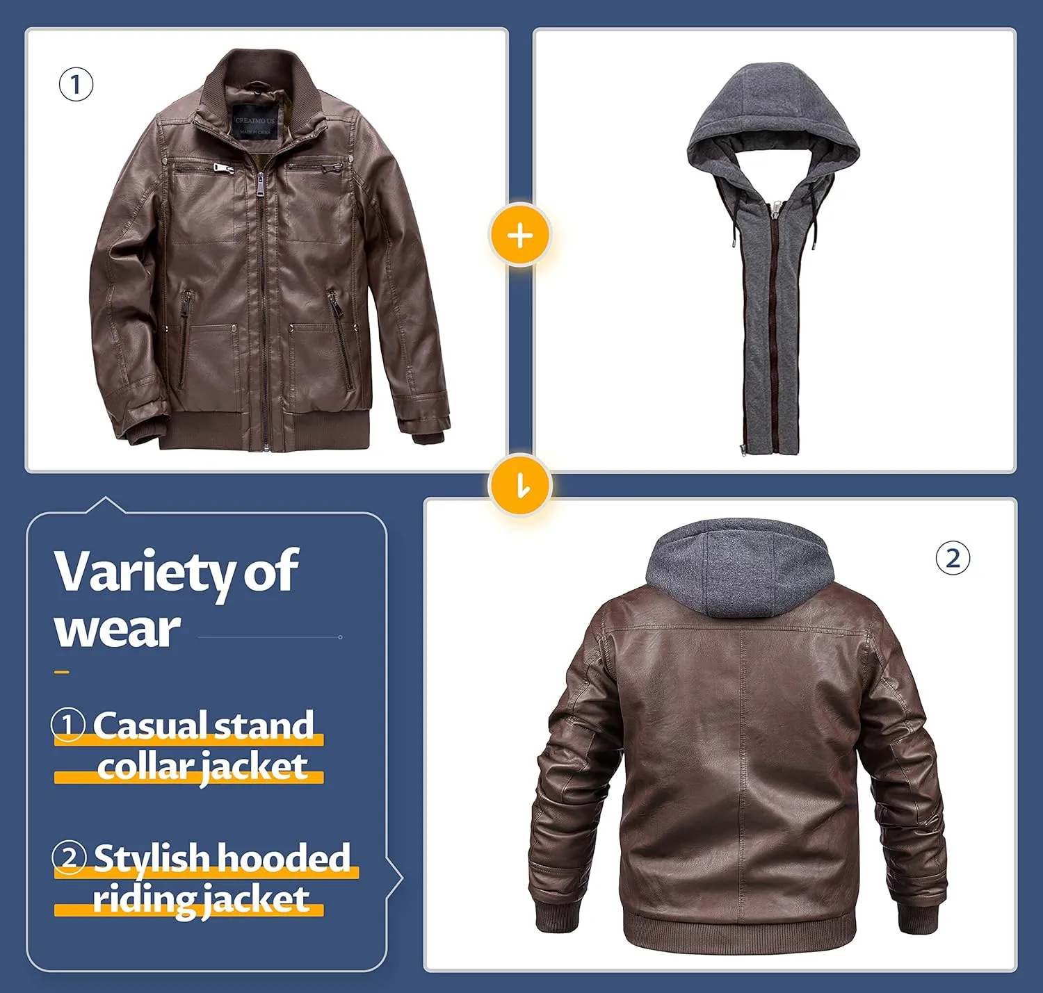 CREATMO US Men's Faux Leather Jacket Motorcycle Jacket Waterproof Windproof PU Moto Vintage Bomber Hoodie with Removable Hood