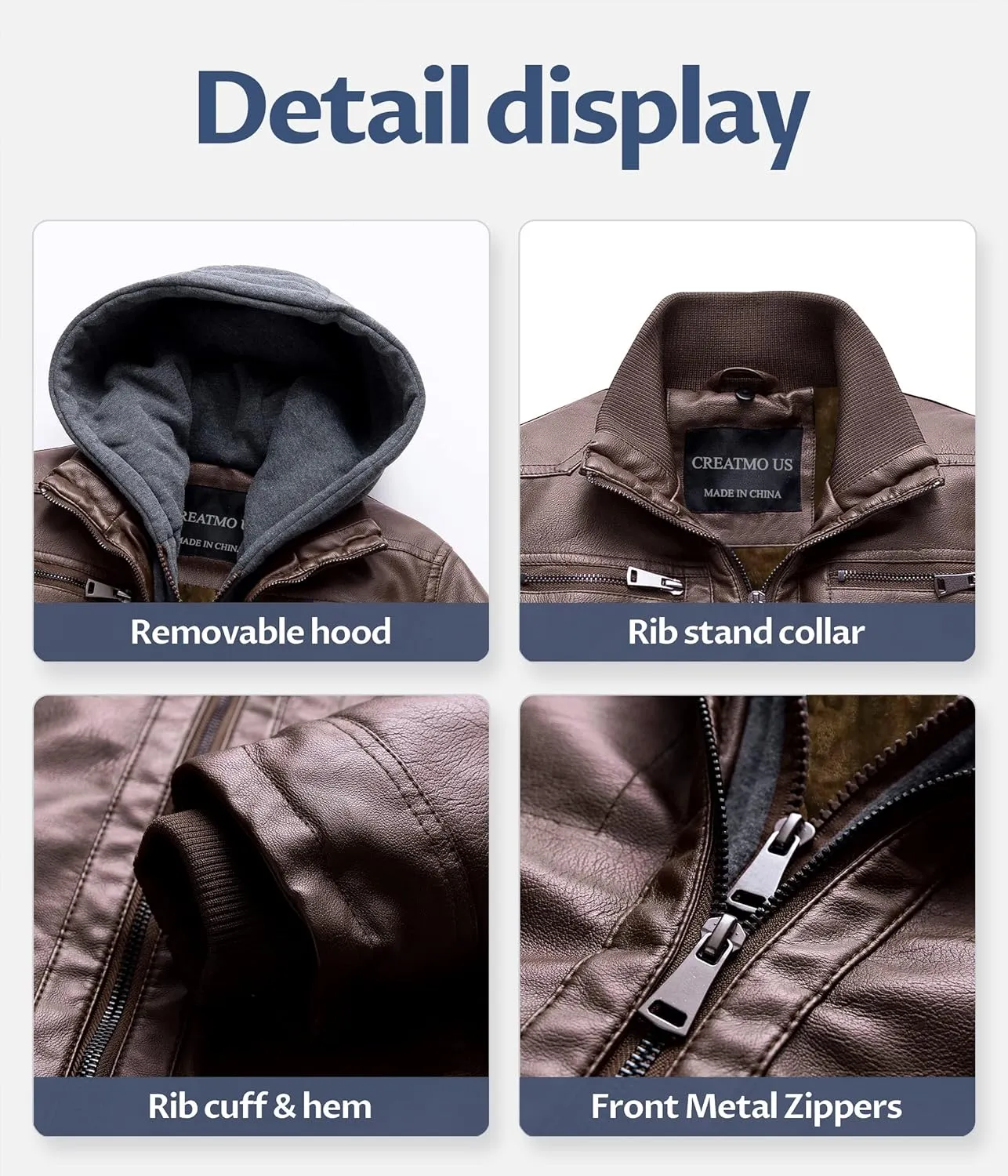 CREATMO US Men's Faux Leather Jacket Motorcycle Jacket Waterproof Windproof PU Moto Vintage Bomber Hoodie with Removable Hood