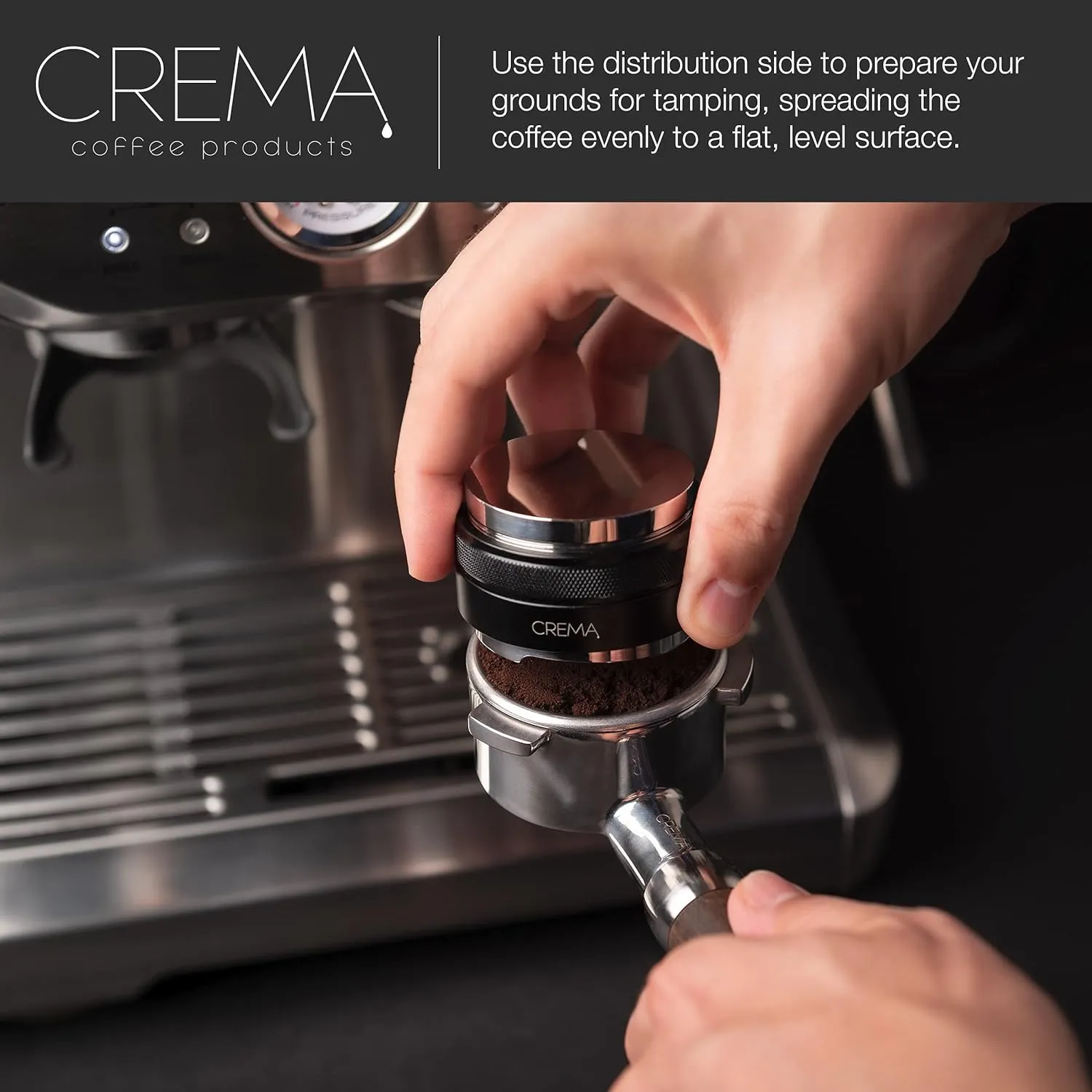 Crema Coffee Products - 54mm 2-in-1 Tamper & Distributor - Silver - Compatible with 54mm Breville Portafilters - Double Sided, Adjustable Depth - Beautiful Espresso Hand Tampers, Silver
