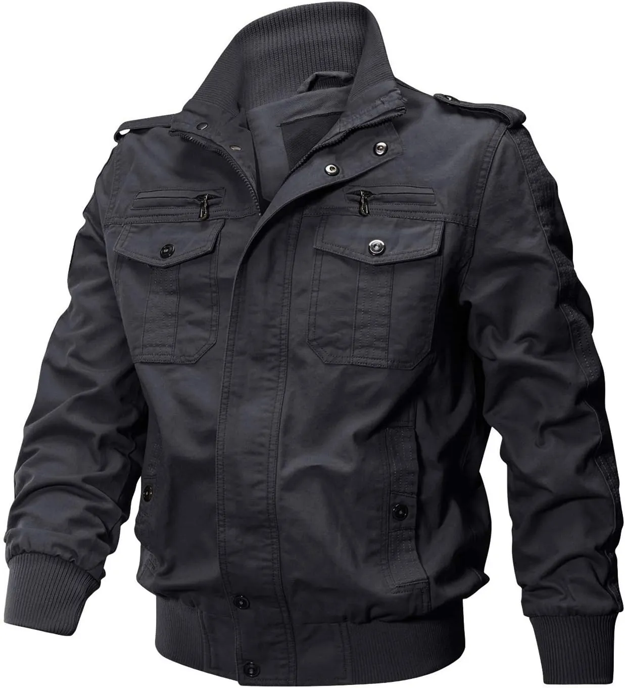 CRYSULLY Men's Spring Fall Casual Windbreaker Jacket Cargo Stand Collar Military Bomber Jackets Coat