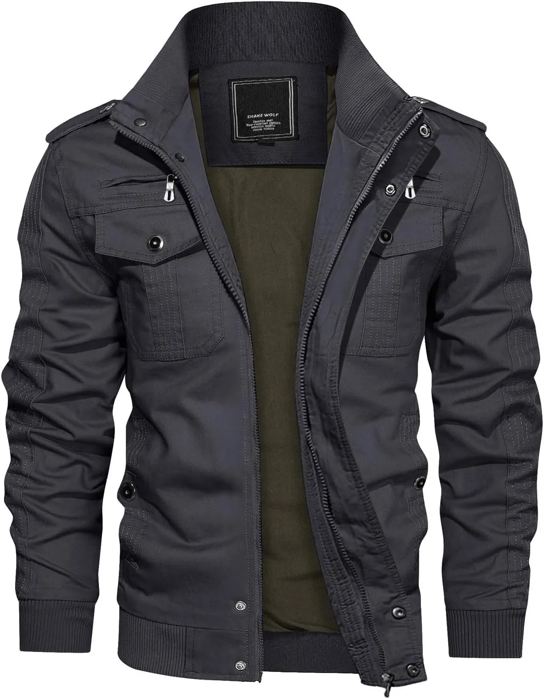 CRYSULLY Men's Spring Fall Casual Windbreaker Jacket Cargo Stand Collar Military Bomber Jackets Coat