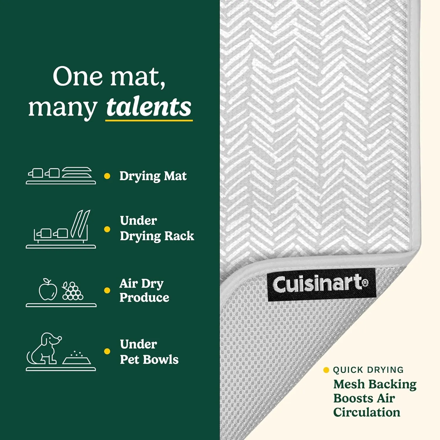 Cuisinart Dish Drying Mats for Kitchen Counter - (2) 16" x 18" Ultra Absorbent Kitchen Dish Drying Mat - Mesh Backing, Foldable, Machine Washable, Fast Drying Dish Mat (Dashed Lines)