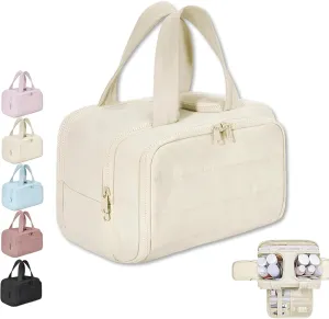 Cureaway Travel Cosmetic Bag,Large Capacity Wide-Open Travel Cosmetic Bag,Waterproof Portable Pouch Open Flat Toiletry Bags for Women with Divider and Handle (Beige)
