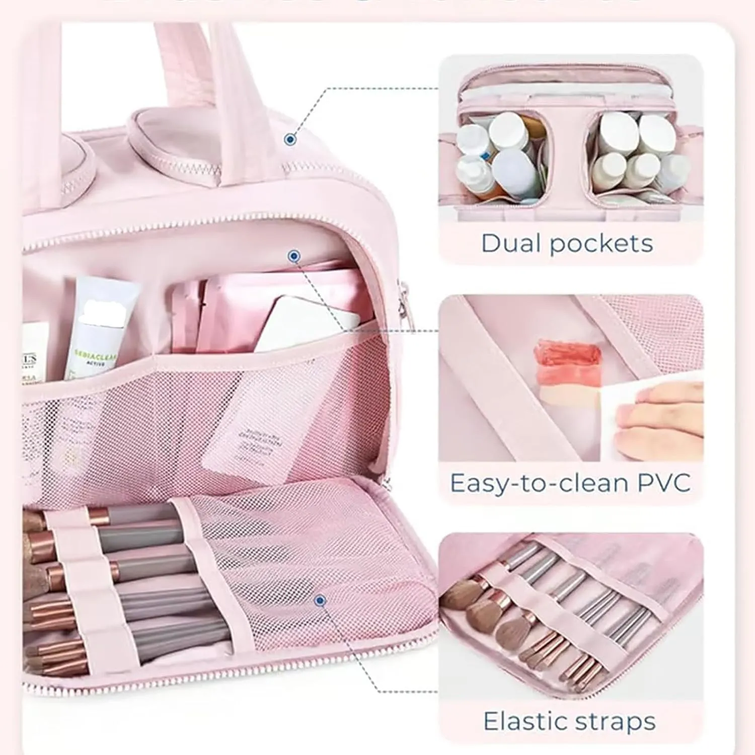 Cureaway Travel Cosmetic Bag,Large Capacity Wide-Open Travel Cosmetic Bag,Waterproof Portable Pouch Open Flat Toiletry Bags for Women with Divider and Handle (Beige)