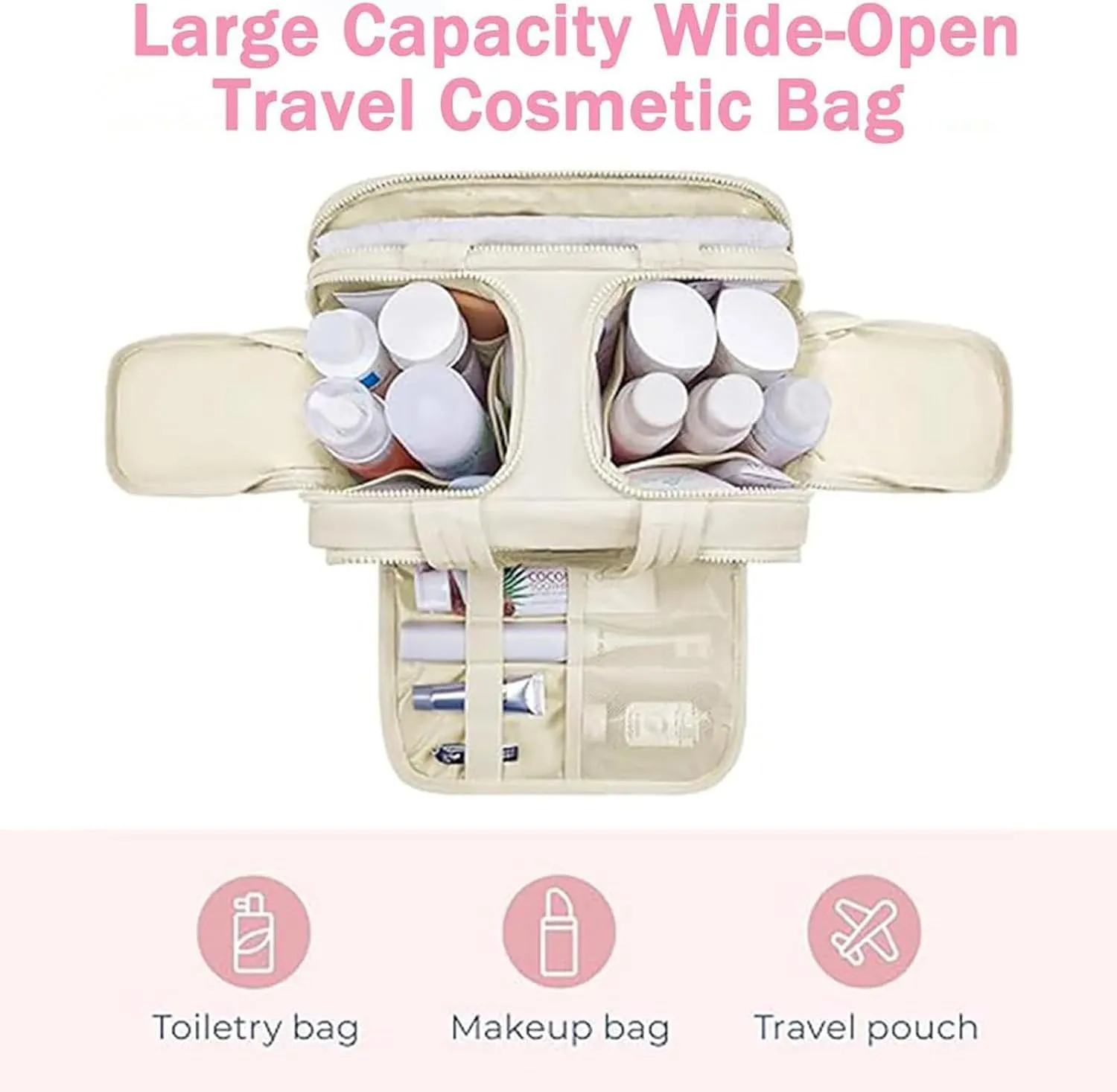 Cureaway Travel Cosmetic Bag,Large Capacity Wide-Open Travel Cosmetic Bag,Waterproof Portable Pouch Open Flat Toiletry Bags for Women with Divider and Handle (Beige)