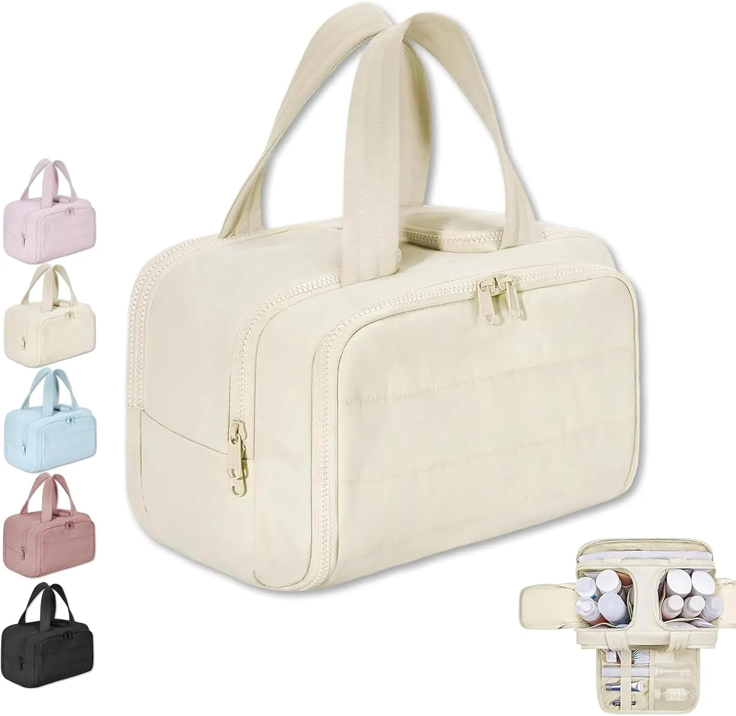 Cureaway Travel Cosmetic Bag,Large Capacity Wide-Open Travel Cosmetic Bag,Waterproof Portable Pouch Open Flat Toiletry Bags for Women with Divider and Handle (Beige)