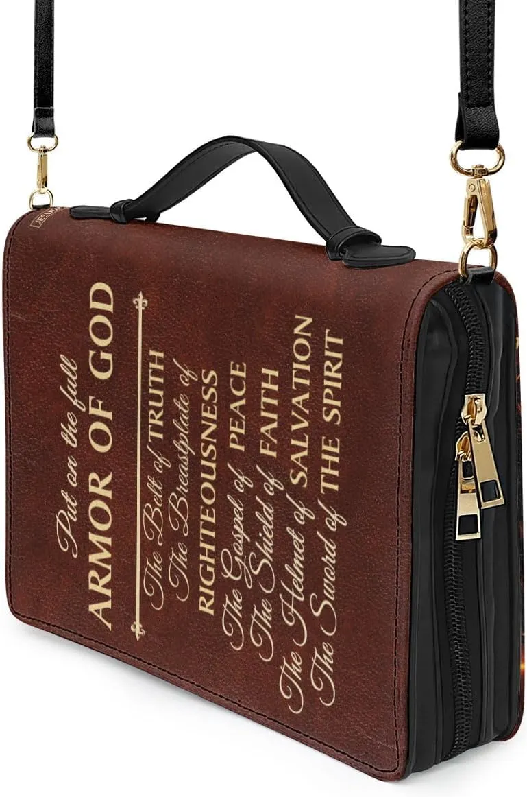 Custom Leather Bible Covers with Handle - Christian Religious Scripture Gift Inspirational Zipper Carrying Case Armor of God Personalized Spiritual Faith Gifts for Women & Men, Brown