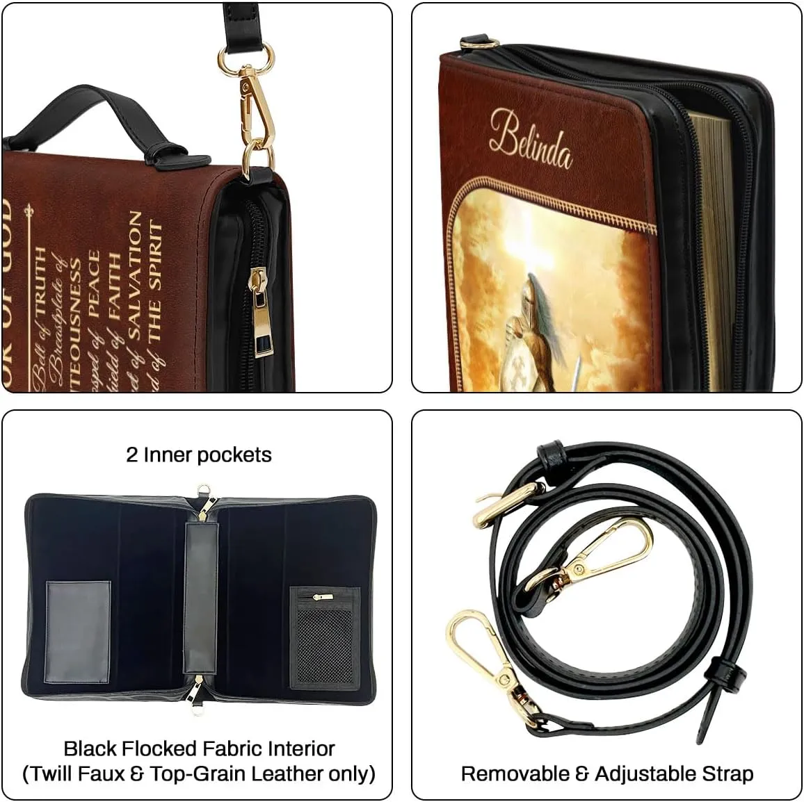 Custom Leather Bible Covers with Handle - Christian Religious Scripture Gift Inspirational Zipper Carrying Case Armor of God Personalized Spiritual Faith Gifts for Women & Men, Brown