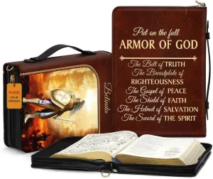 Custom Leather Bible Covers with Handle - Christian Religious Scripture Gift Inspirational Zipper Carrying Case Armor of God Personalized Spiritual Faith Gifts for Women & Men, Brown