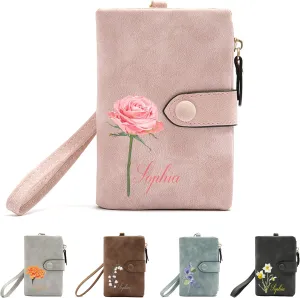 Custom Leather Coin Purse for Women, BUGMKCS Birth Flower with Name Ladies Wrist Wallet Small Tri-Fold Zipper Coin Purse with Wrist Strap Personalized Gift for Mom Mother's Day Birthday