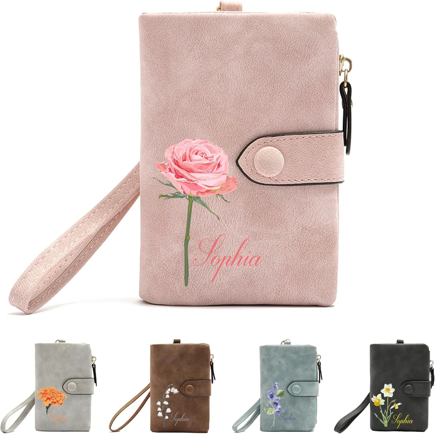 Custom Leather Coin Purse for Women, BUGMKCS Birth Flower with Name Ladies Wrist Wallet Small Tri-Fold Zipper Coin Purse with Wrist Strap Personalized Gift for Mom Mother's Day Birthday