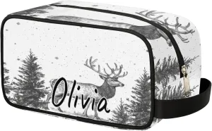 Custom Nature Forest Elk Makeup Bag with Name Personalized Waterproof Toiletry Bag Customized Misty Forest Cosmetic Bag for Women Men