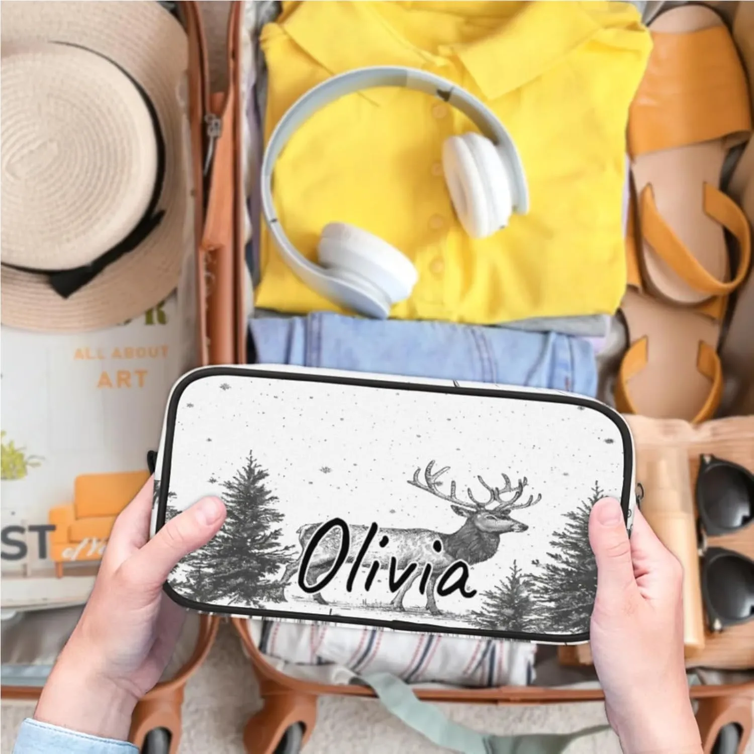 Custom Nature Forest Elk Makeup Bag with Name Personalized Waterproof Toiletry Bag Customized Misty Forest Cosmetic Bag for Women Men