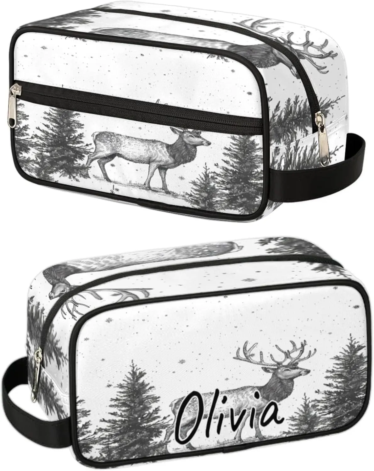 Custom Nature Forest Elk Makeup Bag with Name Personalized Waterproof Toiletry Bag Customized Misty Forest Cosmetic Bag for Women Men