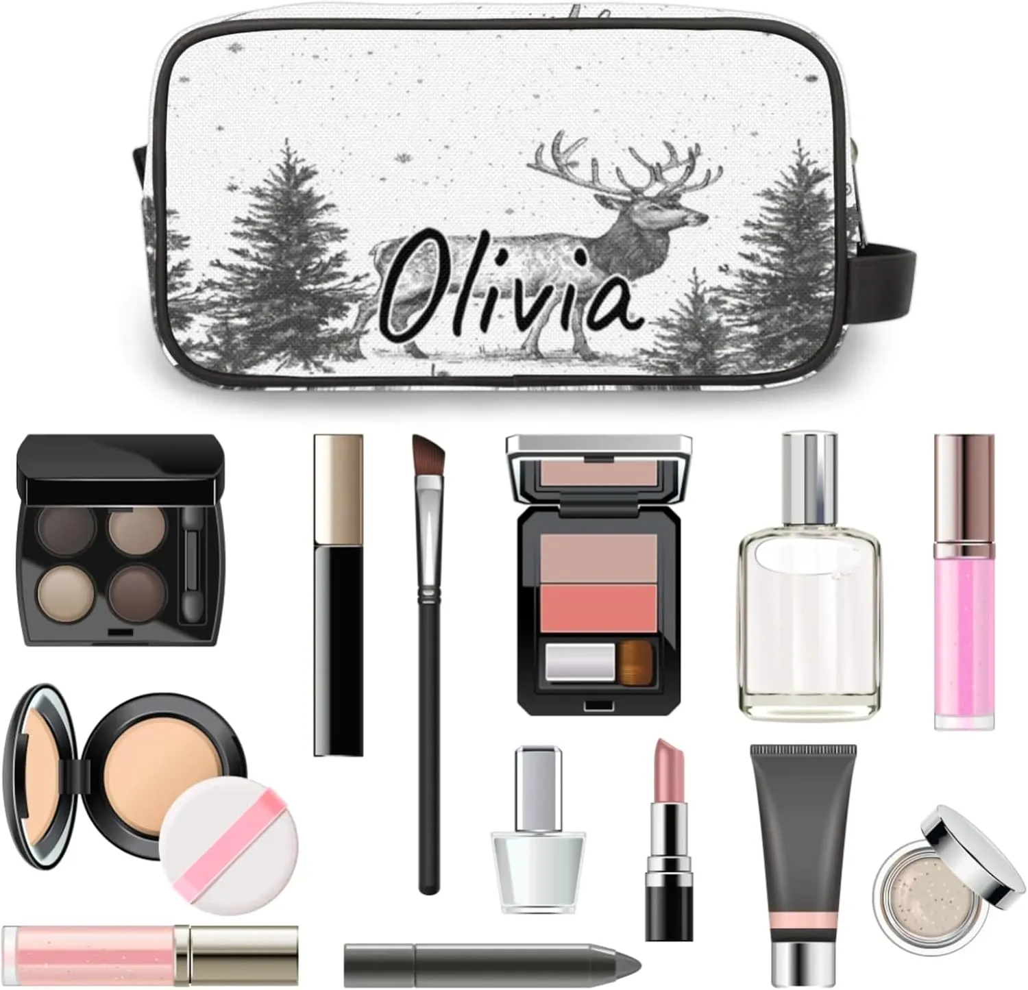 Custom Nature Forest Elk Makeup Bag with Name Personalized Waterproof Toiletry Bag Customized Misty Forest Cosmetic Bag for Women Men