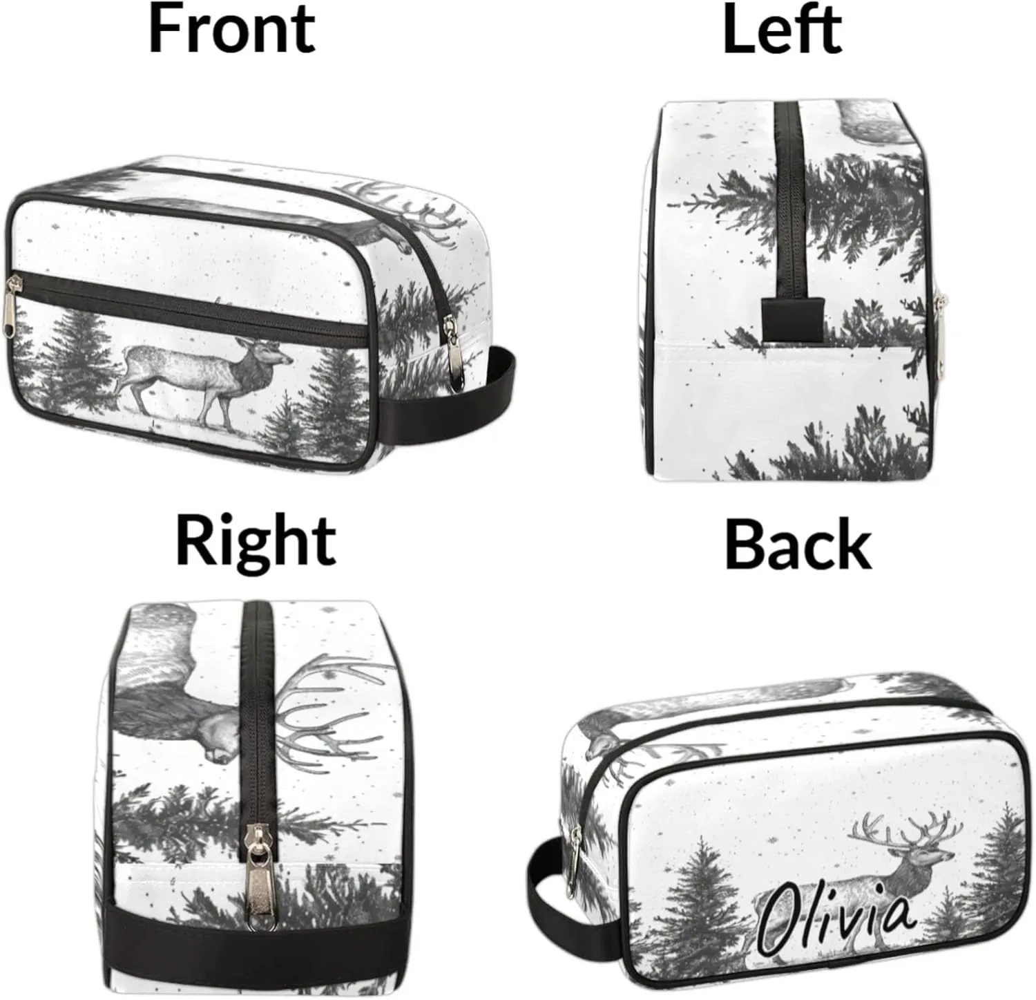Custom Nature Forest Elk Makeup Bag with Name Personalized Waterproof Toiletry Bag Customized Misty Forest Cosmetic Bag for Women Men