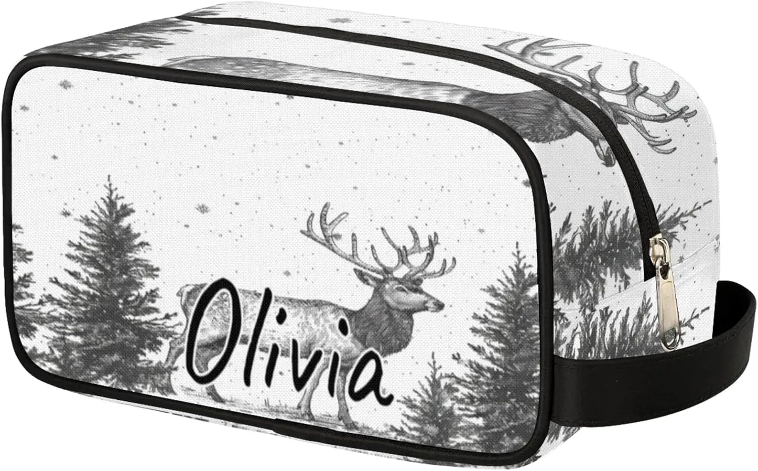 Custom Nature Forest Elk Makeup Bag with Name Personalized Waterproof Toiletry Bag Customized Misty Forest Cosmetic Bag for Women Men