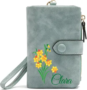 Custom Wallet w/Name & Colorful Birth Flower Personalized Gifts for Women Teen Girls, Customized Floral Name Ladies Wallet Cute Small Wristlet Purse Leather Card Holder, Green