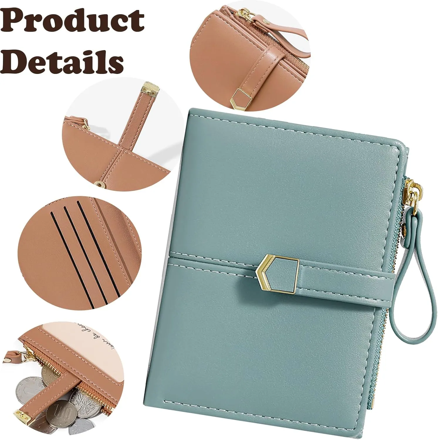 Cute Blue Small Wallet for Women and Girls Minimalist Leather Coin Purse with Simple Buckle Kawaii Travel Wallet with ID Window Compact Cash Wallet for Ladies and Teens