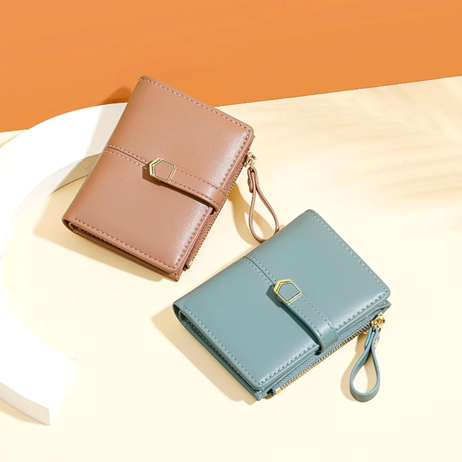 Cute Blue Small Wallet for Women and Girls Minimalist Leather Coin Purse with Simple Buckle Kawaii Travel Wallet with ID Window Compact Cash Wallet for Ladies and Teens