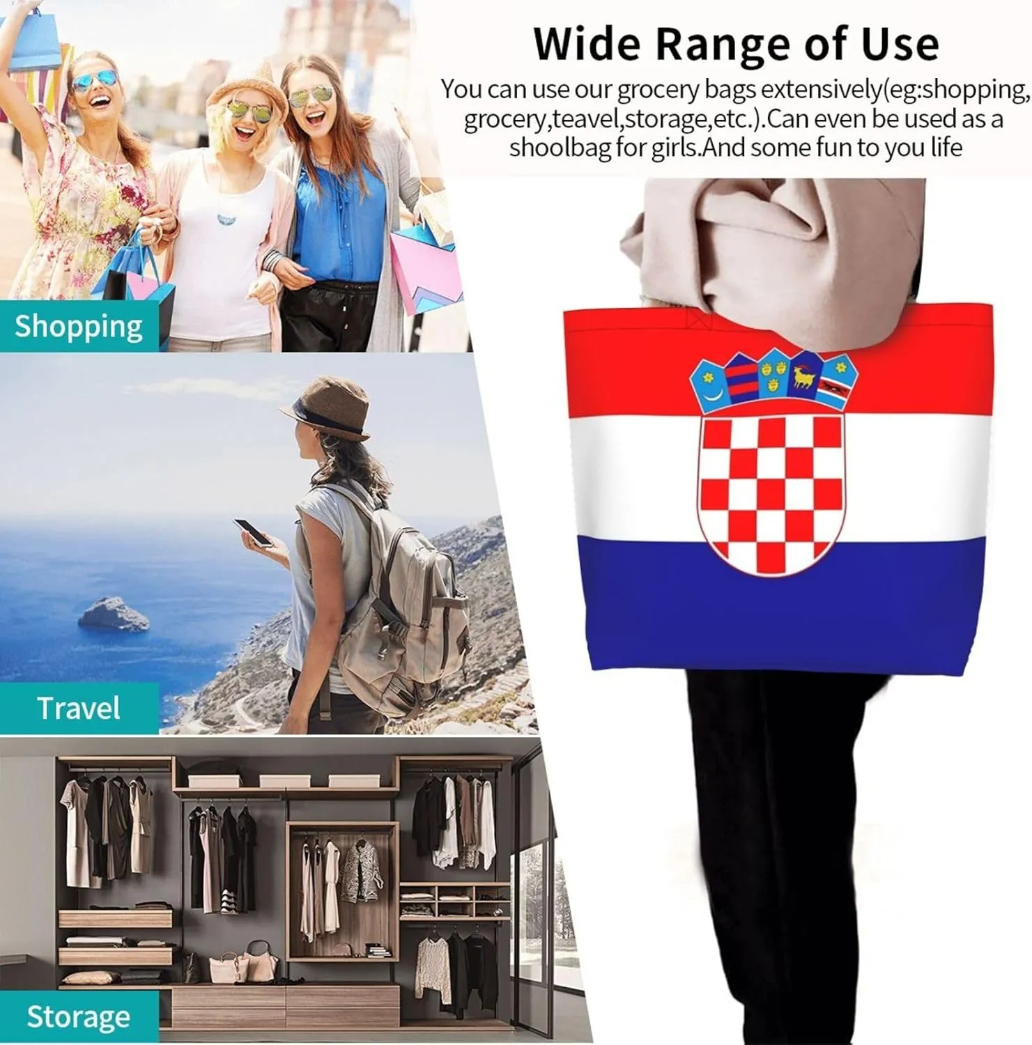 Cute Flag Large Tote Bag For Women Men Reusable Grocery Bag Shopping Shoulder Bag For Travel Work Beach Gym
