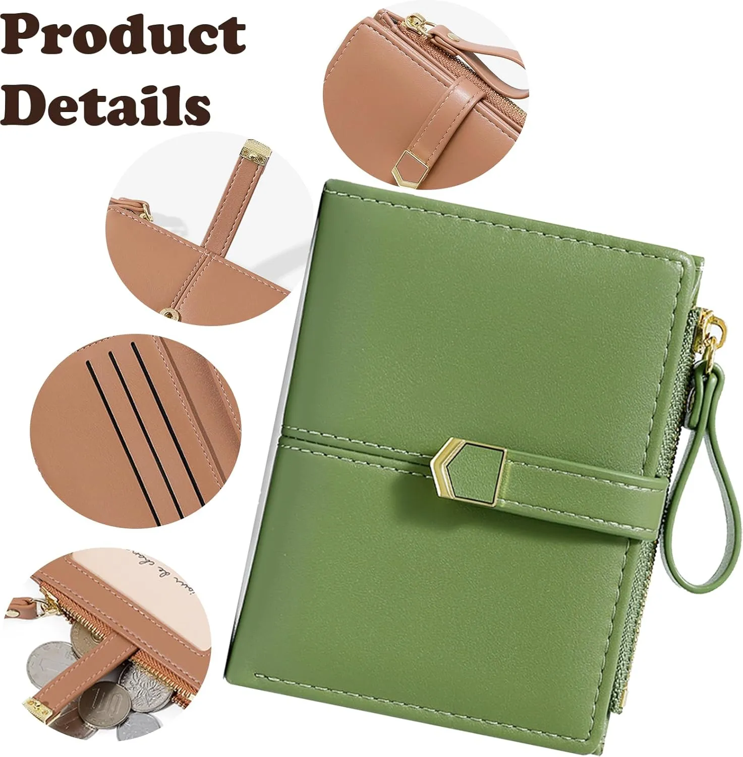 Cute Green Small Wallet for Women and Girls Minimalist Leather Coin Purse with Simple Buckle Kawaii Travel Wallet with ID Window Compact Cash Wallet for Ladies and Teens