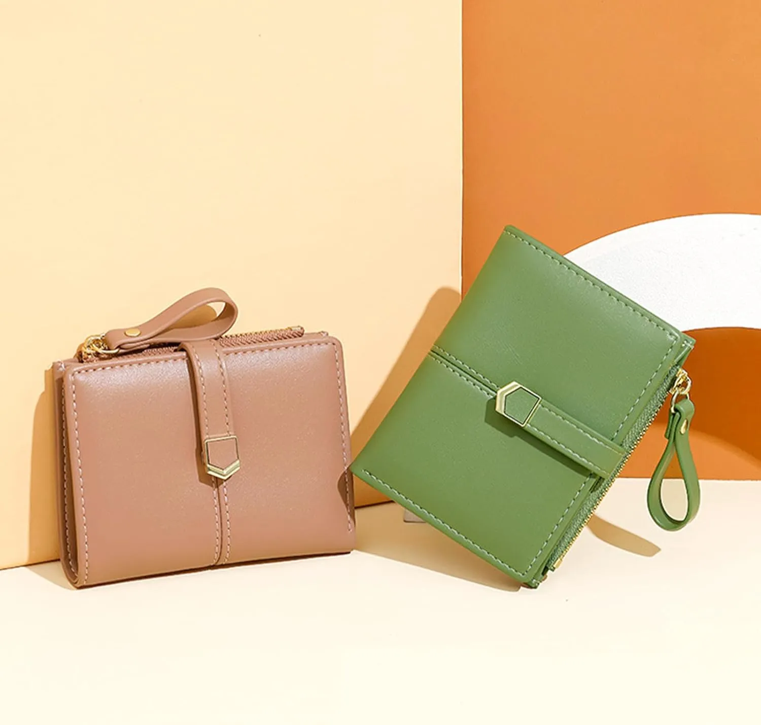 Cute Green Small Wallet for Women and Girls Minimalist Leather Coin Purse with Simple Buckle Kawaii Travel Wallet with ID Window Compact Cash Wallet for Ladies and Teens