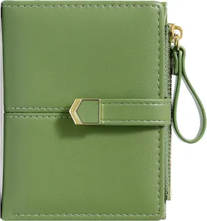 Cute Green Small Wallet for Women and Girls Minimalist Leather Coin Purse with Simple Buckle Kawaii Travel Wallet with ID Window Compact Cash Wallet for Ladies and Teens