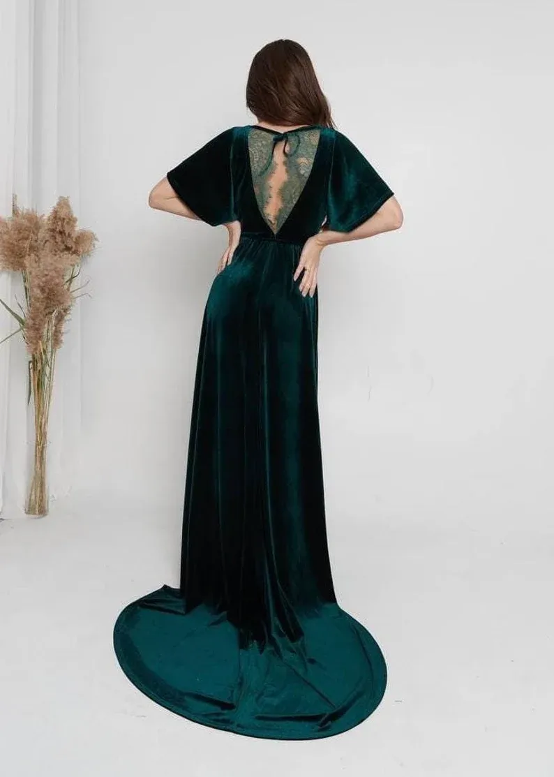 Dark Green Velvet Maxi Dress Elegant Green Dress Stunning Formal Evening Gown