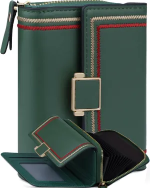Dark Green Wallet for Women and Ladies Small Cute Leather Coin Purse with Minimalist Design Credit Card Holder and ID Window Kawaii Travel Cash Wallet for Ladies