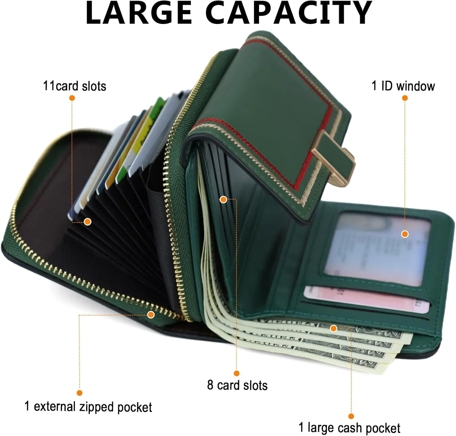 Dark Green Wallet for Women and Ladies Small Cute Leather Coin Purse with Minimalist Design Credit Card Holder and ID Window Kawaii Travel Cash Wallet for Ladies