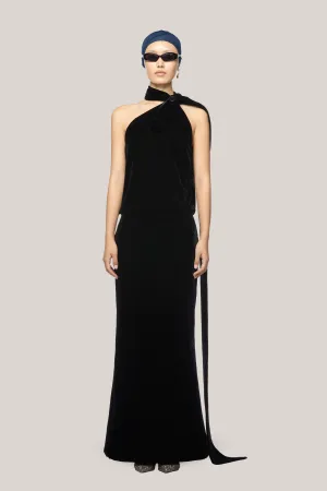 DAS LA VIE • Black Ellen Blouson Scarf Neck Velvet Floor Length Dress