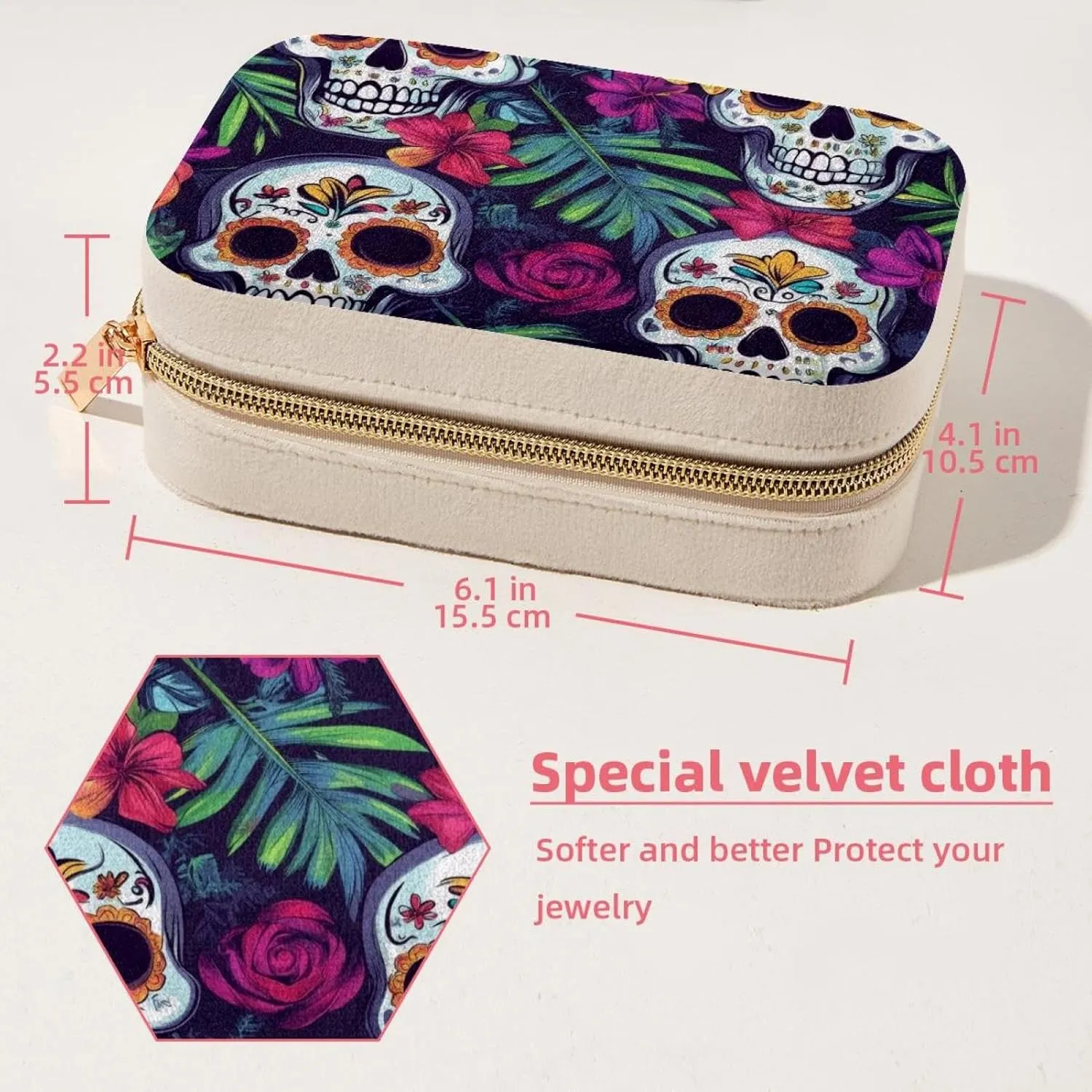 Day of the Dead Skulls with Tropical Flowers Jewelry Box Necklace Ring Storage Organizer, PU Leather Jewelry case Portable Travel Jewelry Organizer for Women Girls