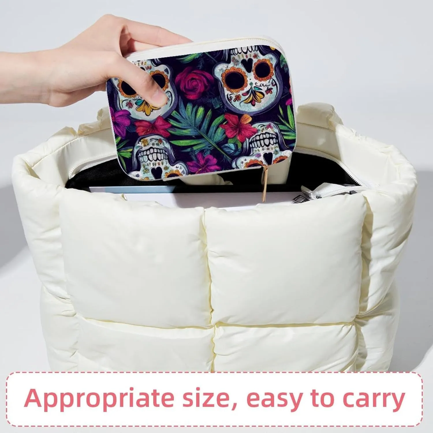 Day of the Dead Skulls with Tropical Flowers Jewelry Box Necklace Ring Storage Organizer, PU Leather Jewelry case Portable Travel Jewelry Organizer for Women Girls