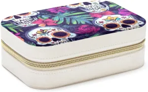 Day of the Dead Skulls with Tropical Flowers Jewelry Box Necklace Ring Storage Organizer, PU Leather Jewelry case Portable Travel Jewelry Organizer for Women Girls