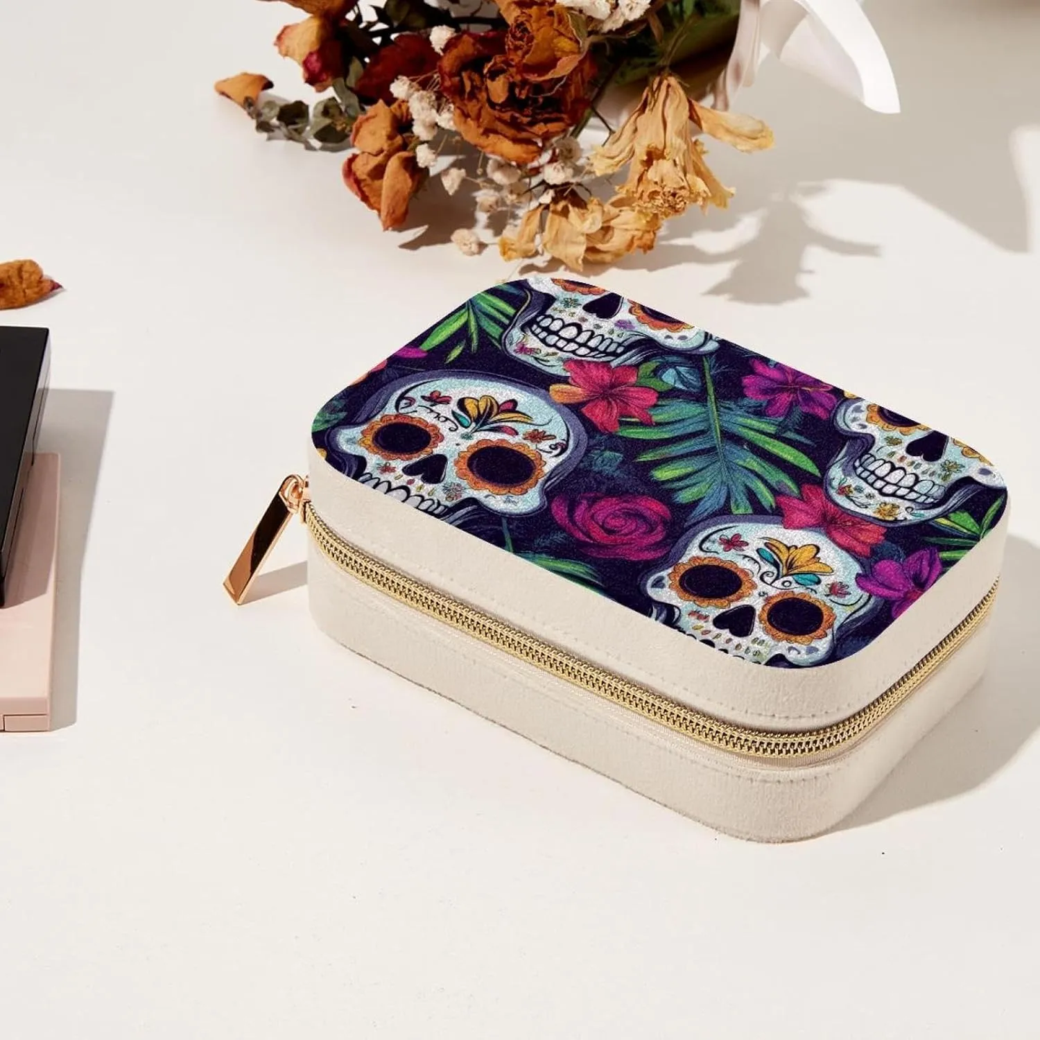 Day of the Dead Skulls with Tropical Flowers Jewelry Box Necklace Ring Storage Organizer, PU Leather Jewelry case Portable Travel Jewelry Organizer for Women Girls